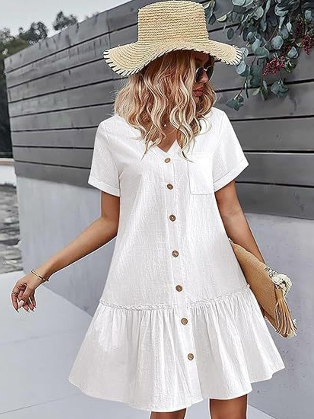 Full Size Button-Down Ruffle Hem Mini Dress Plus Size - Picture 12 of 15